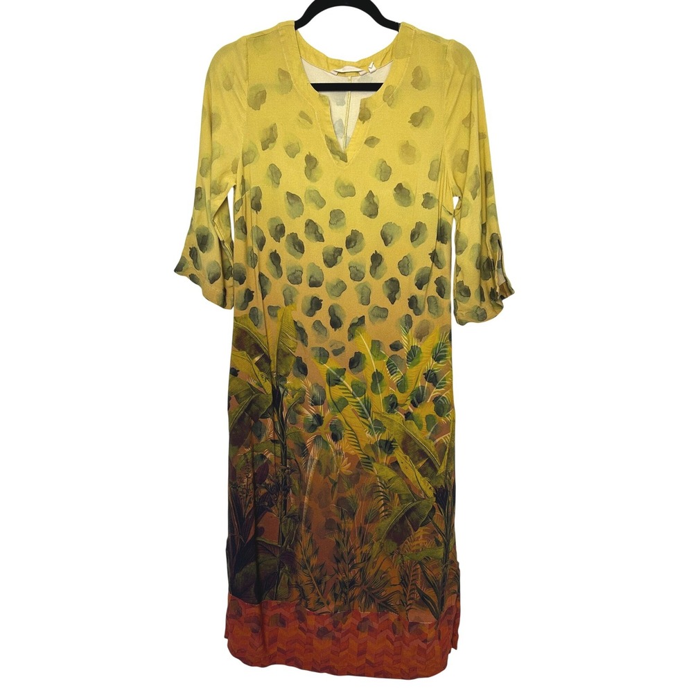 Soft Surroundings Dress Boho Size S Tropical Jungle‎ Print Rayon 3/4 sleeve